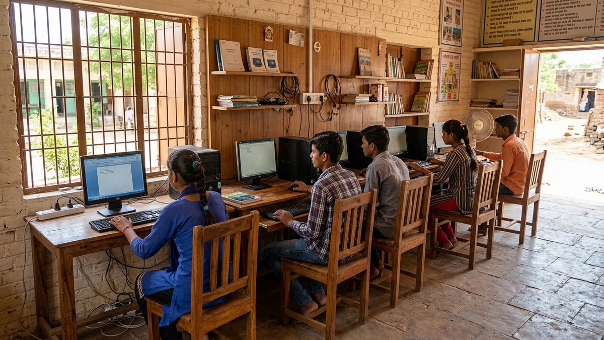 Community learning centre with multiple learners on computers