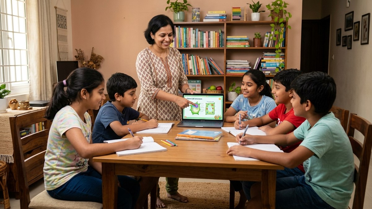 Educator teaching students in home learning pod India