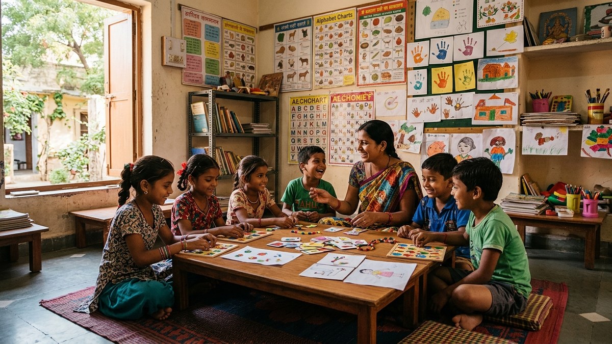 Community learning centre in India with students and educator