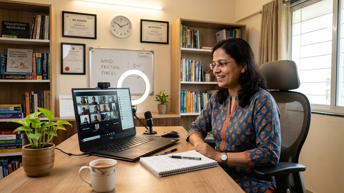 Indian teacher conducting digital coaching class on laptop