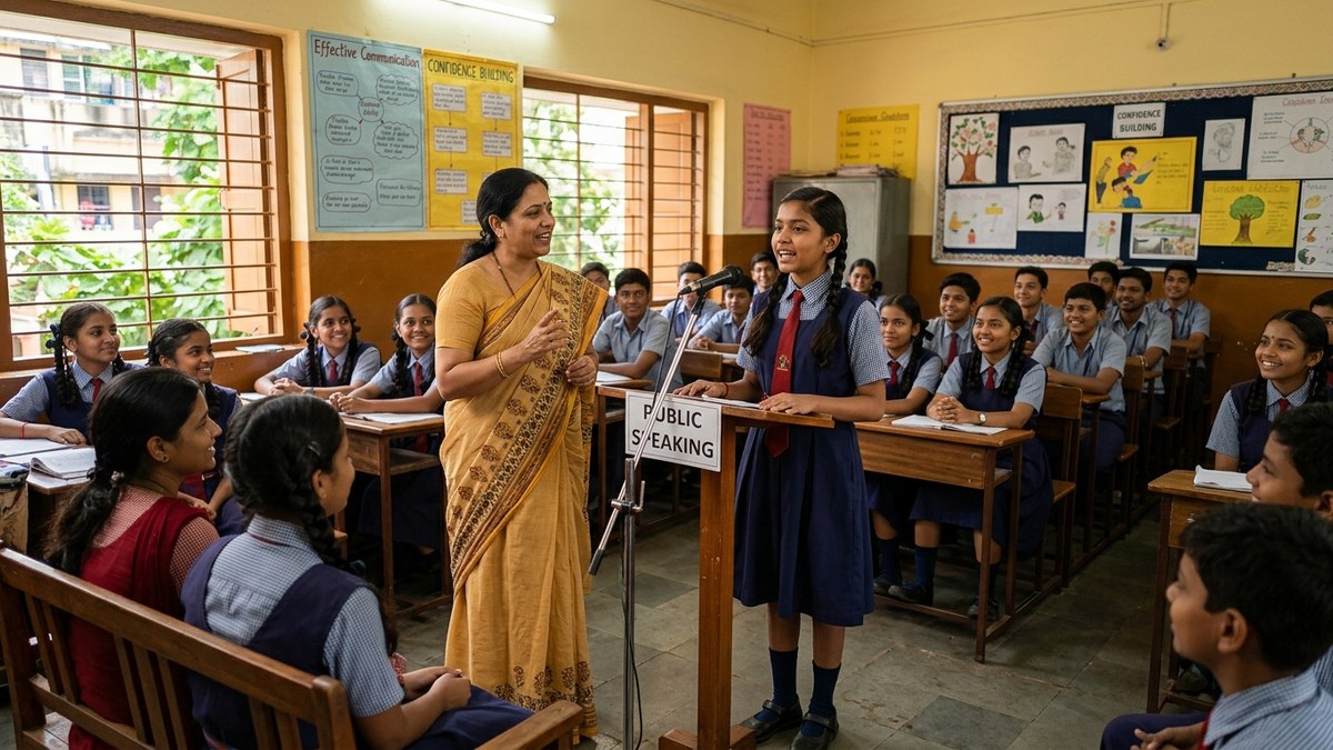Indian teacher guiding students in public speaking to improve communication skills