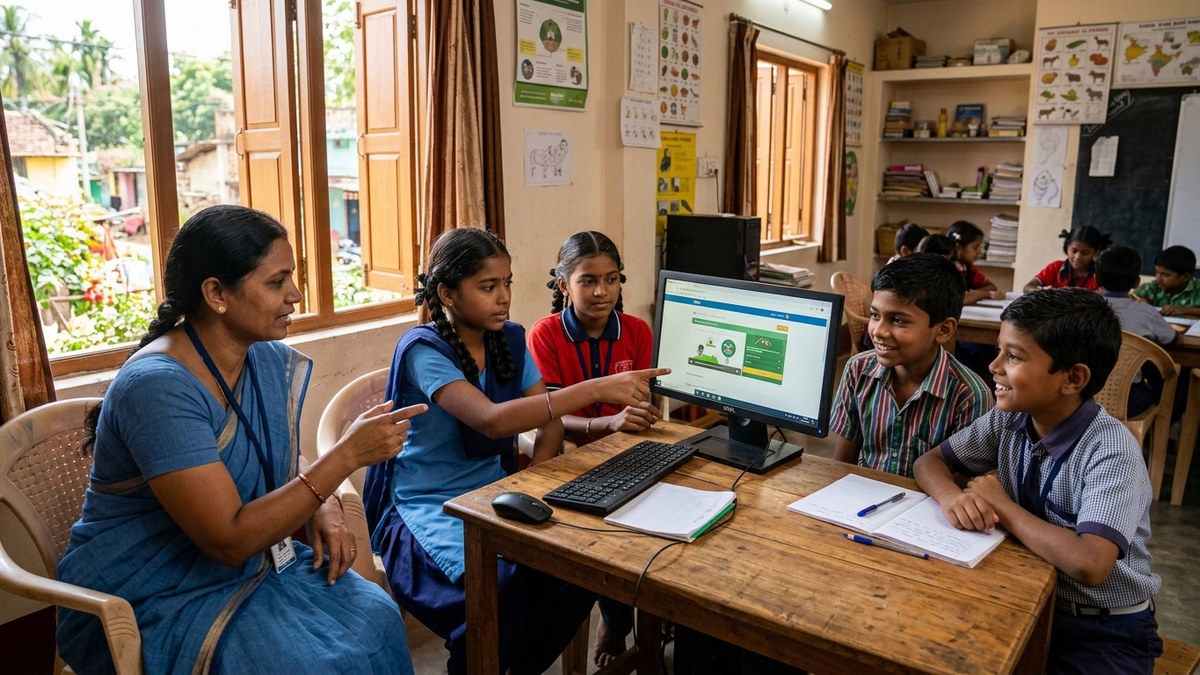 Indian community learning centre with students and teacher using digital devices