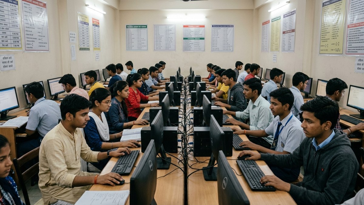 Indian students using computers in a coaching class