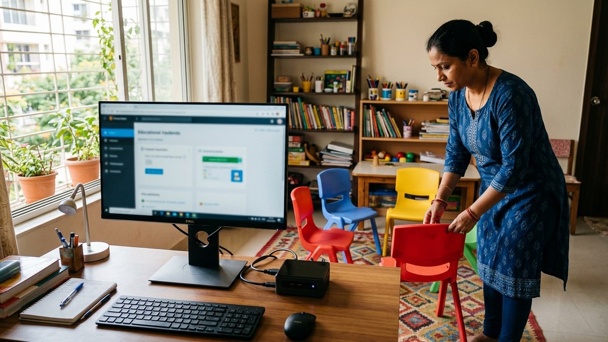 Indian woman setting up a learning space at home with computer