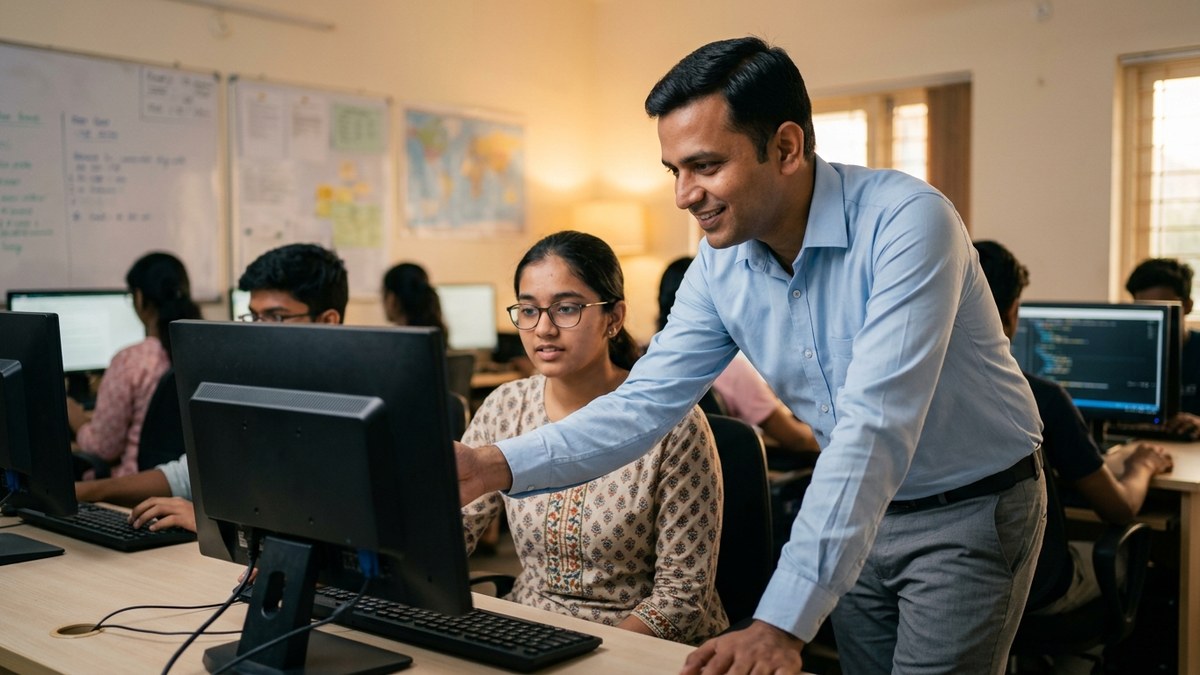 coaching class students studying with computers in India