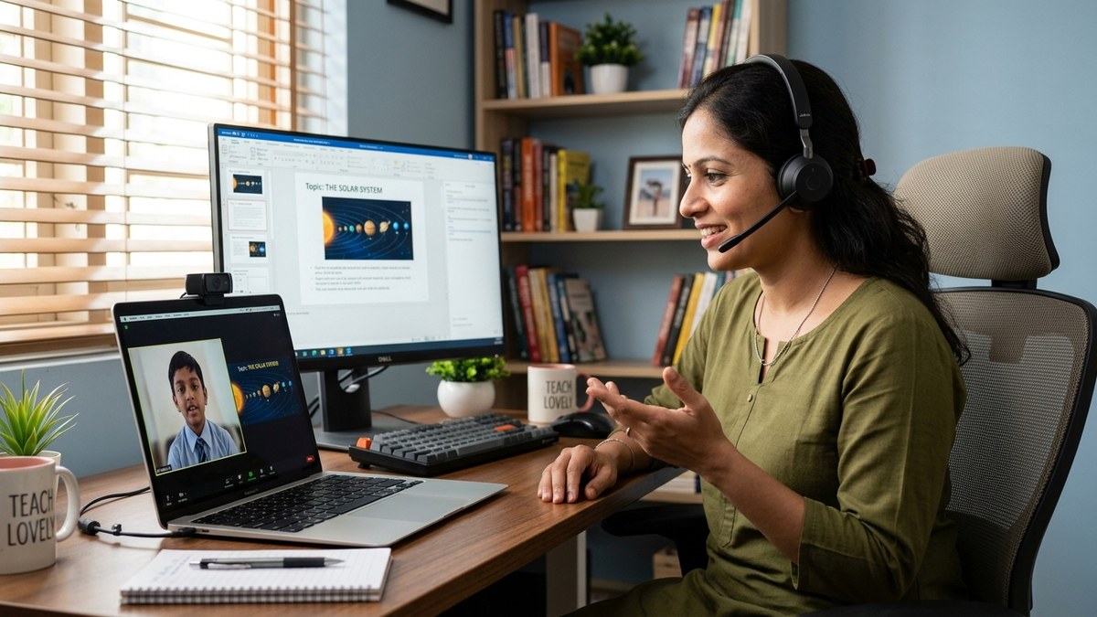 Online tutor teaching via laptop with webcam