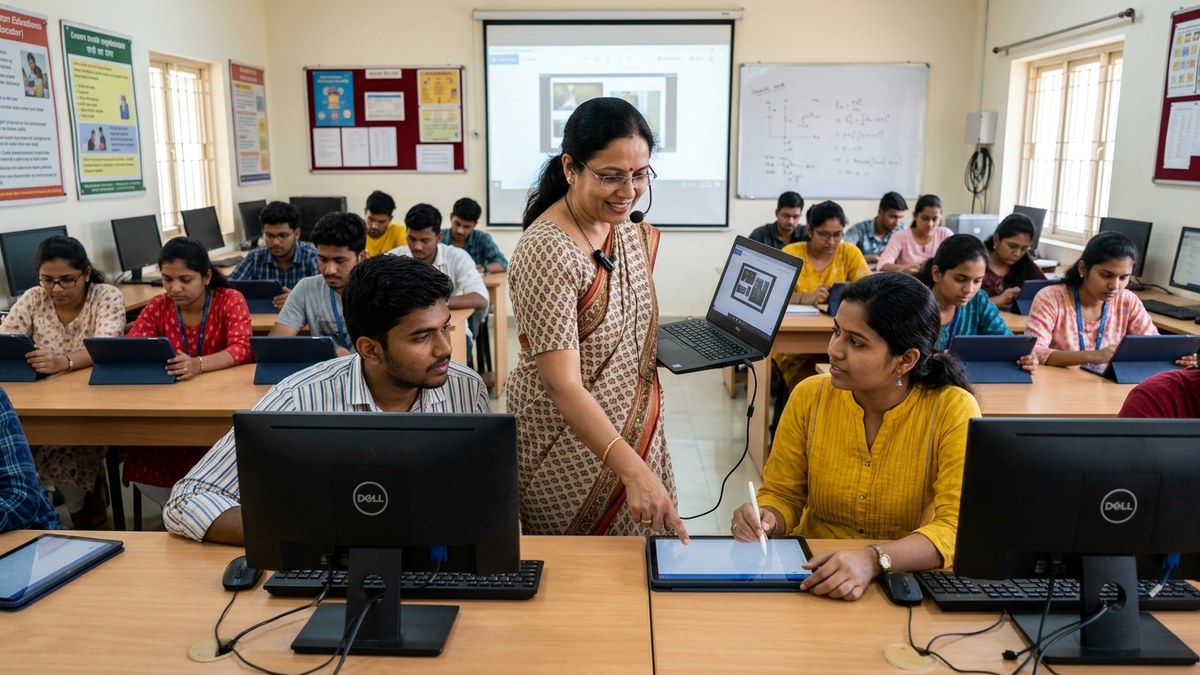 Indian teacher training students on tablets and computers