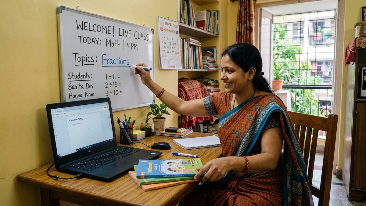 Indian homemaker setting up home teaching workspace with computer and whiteboard