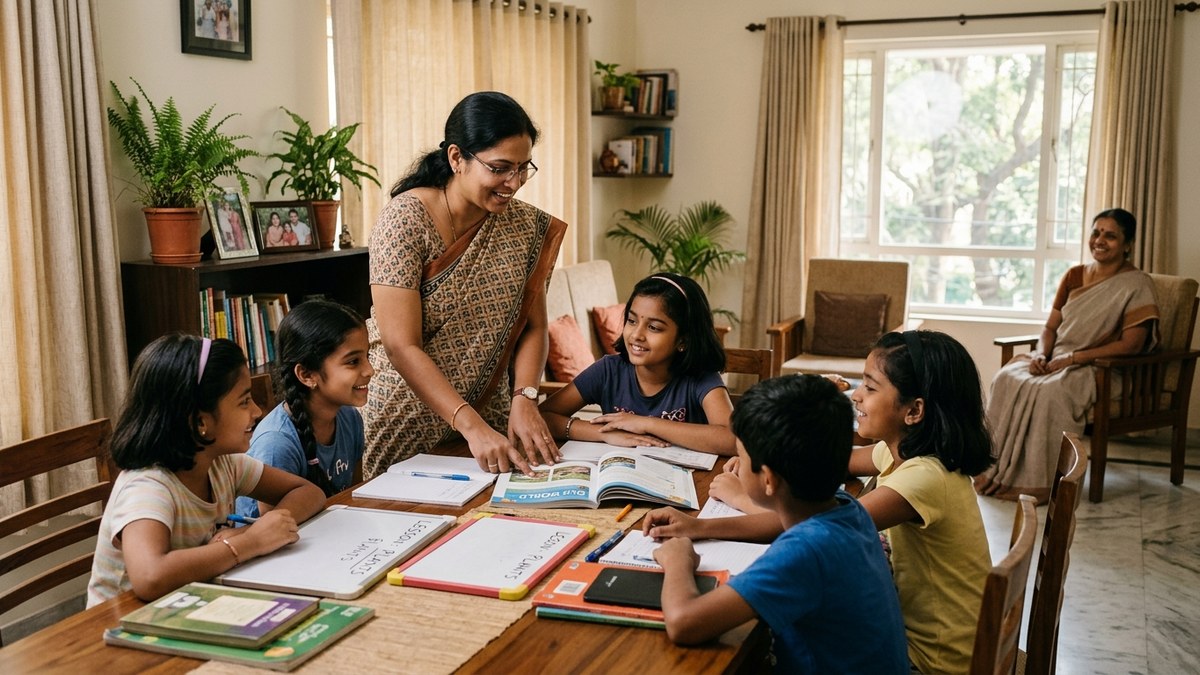 parent teacher communication India teacher instructing students with parent observing