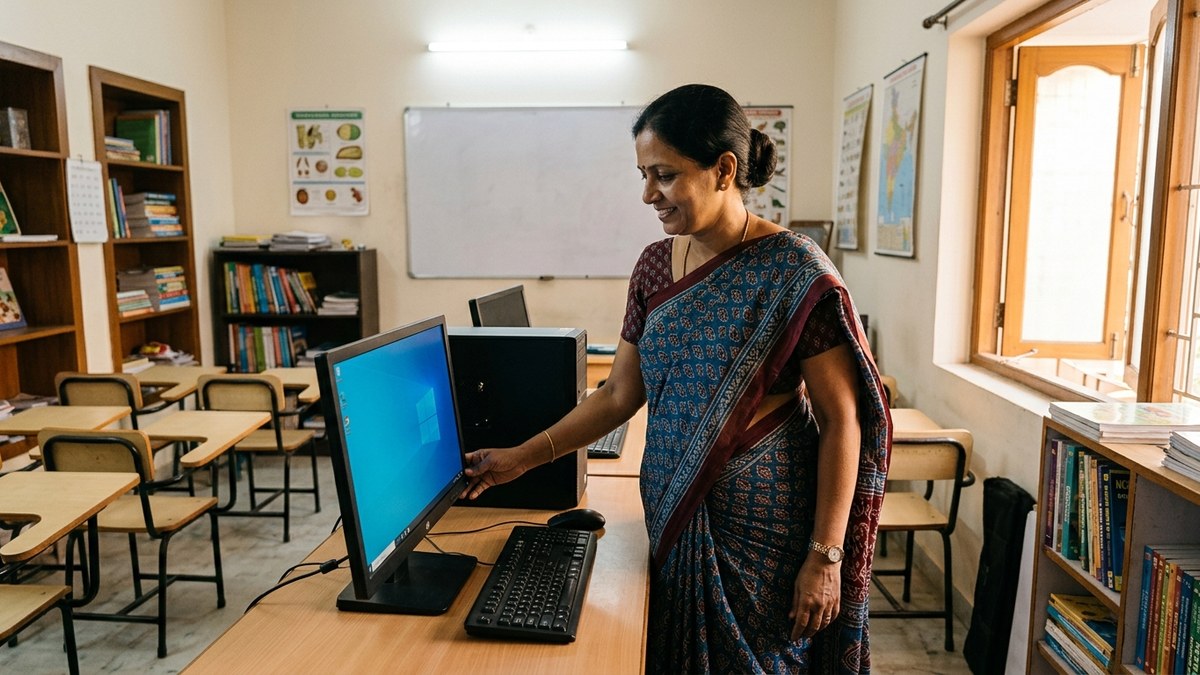 Indian educator setting up computer for home tuition centre