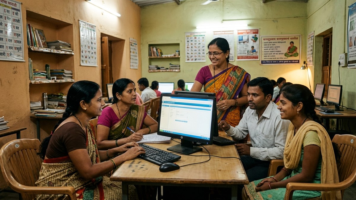 Community learning centre with students and educator using computers