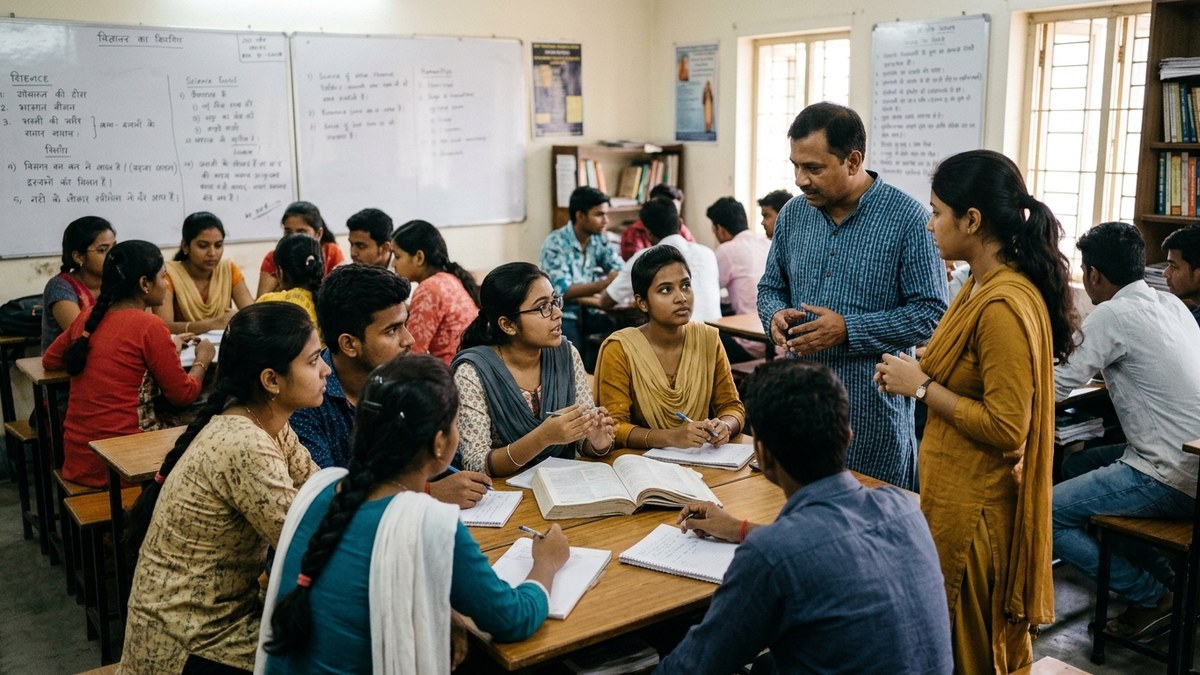 Indian students in group discussion at coaching center