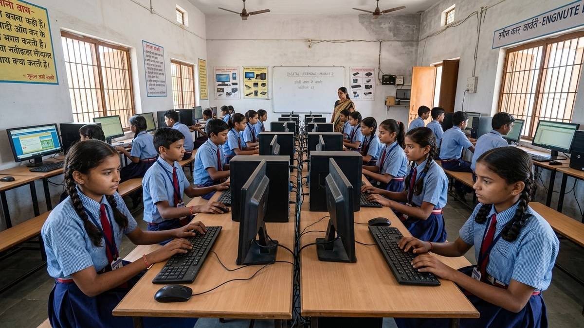 rural Indian students using computers school lab