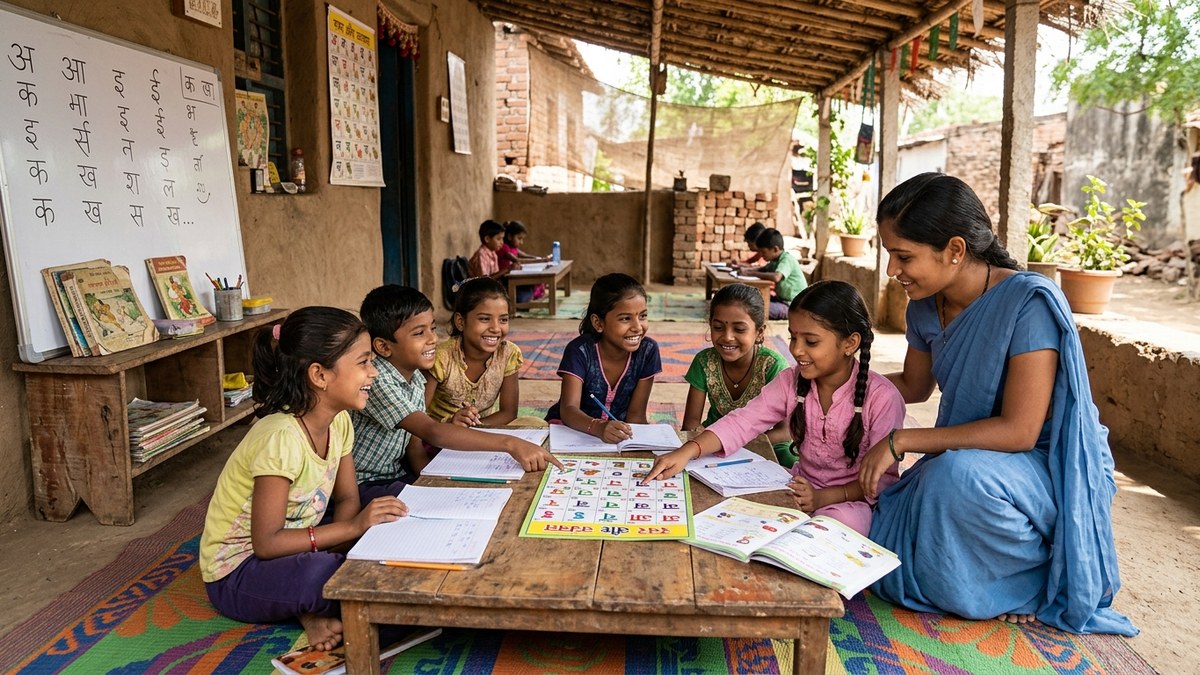 Small group of Indian children learning together in microschool setting