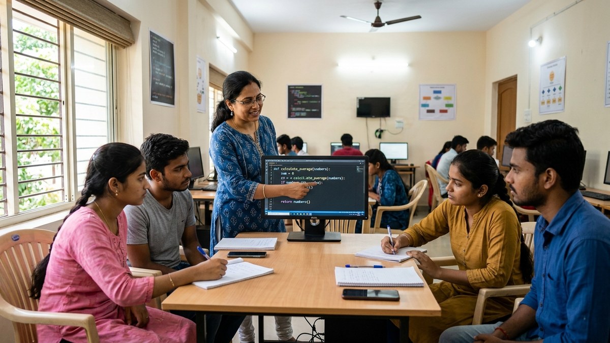 Indian teacher teaching coding at a community learning centre with students at computers
