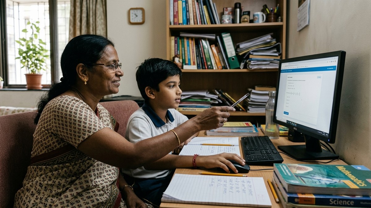 Indian tutor helping student with homework using computer at home