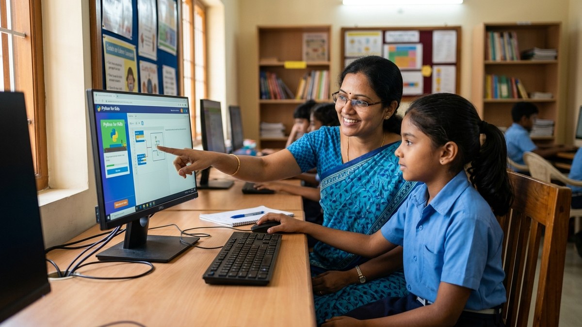 Trained educator teaching digital skills to Indian student at home computer setup