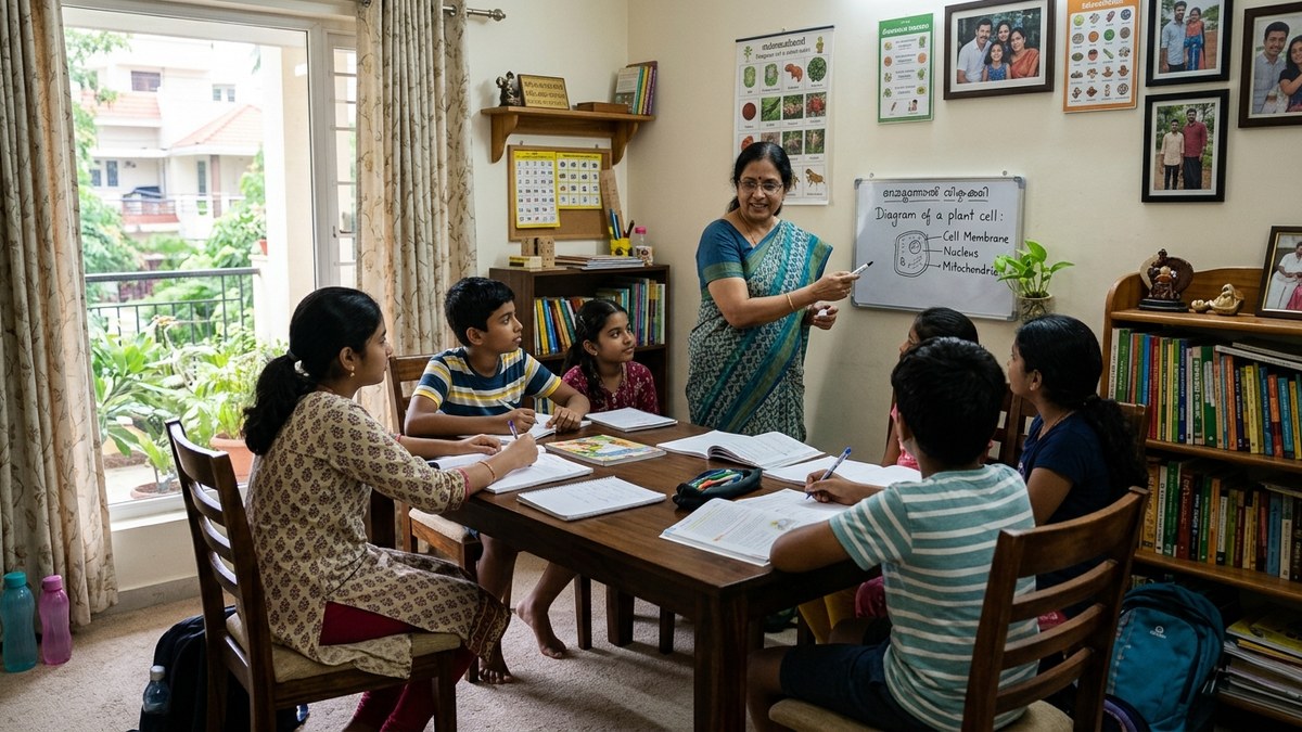 Indian educator teaching group of students in home setting