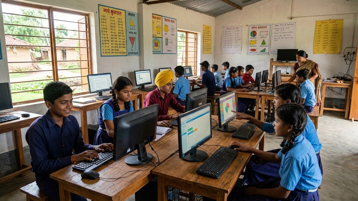 Indian village students using computers in a community learning centre