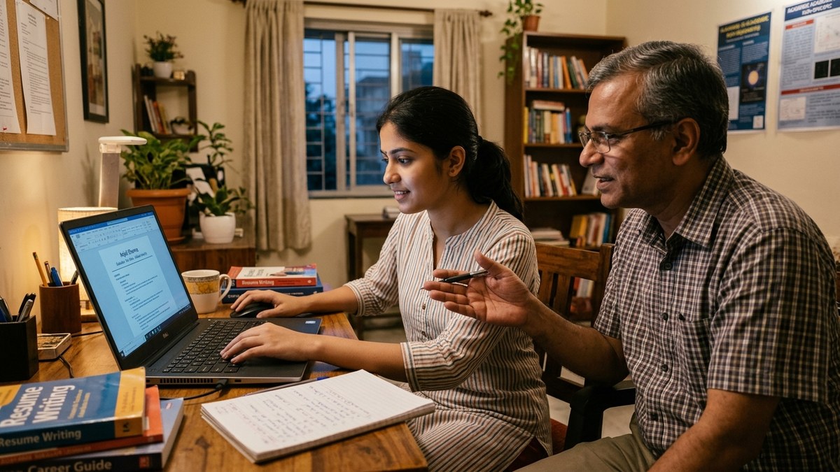 Indian graduate preparing resume on computer at home