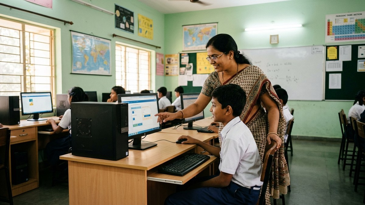 Indian teacher helping student with computer-based board exam preparation materials
