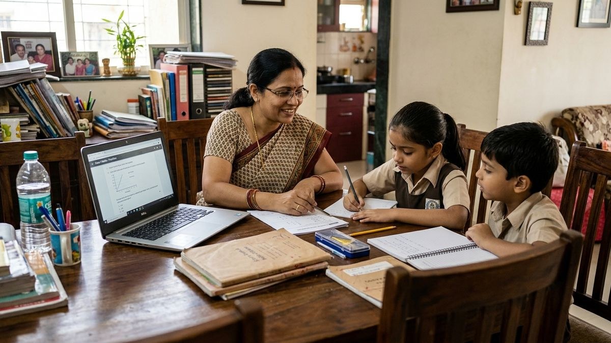 Indian homemaker tutoring children at dining table with laptop and study materials