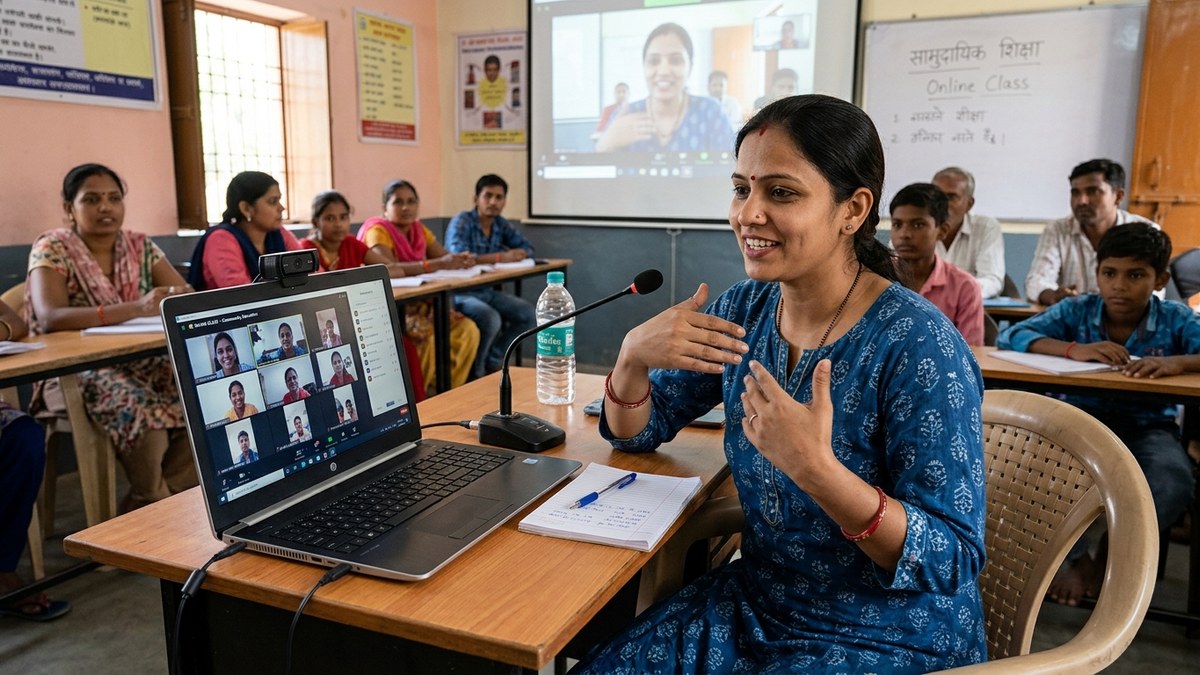 Indian teacher conducting online class with Google Meet