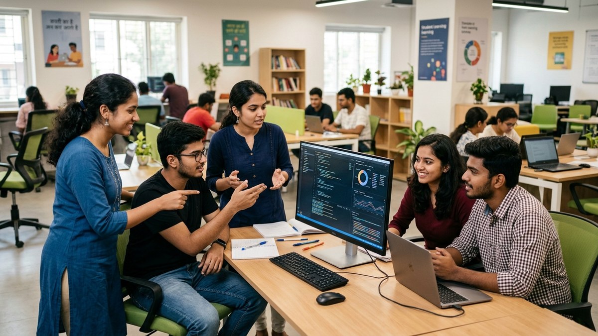 AI tools Indian students collaborating in learning center