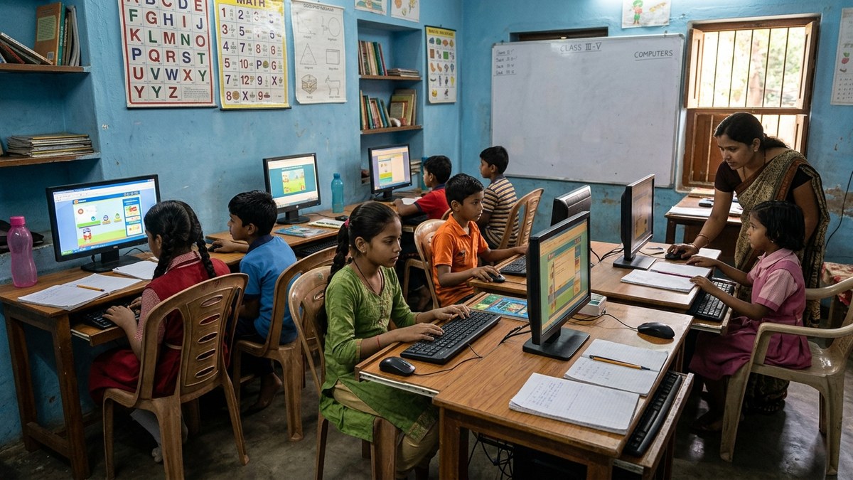 Indian children learning at computers in a home classroom