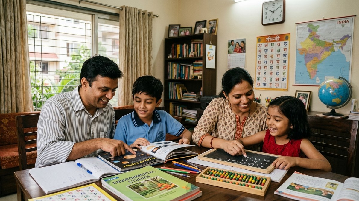Indian family doing educational activities together at home