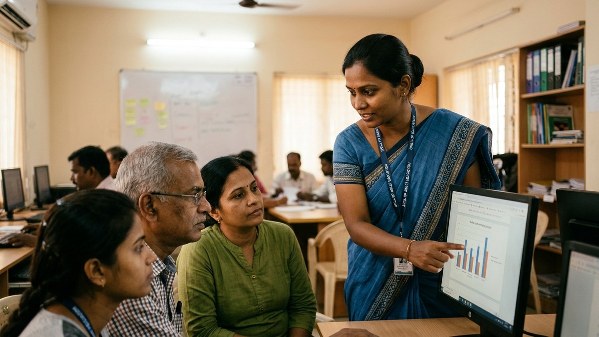 digital literacy program - educator demonstrating computer skills to adult learners