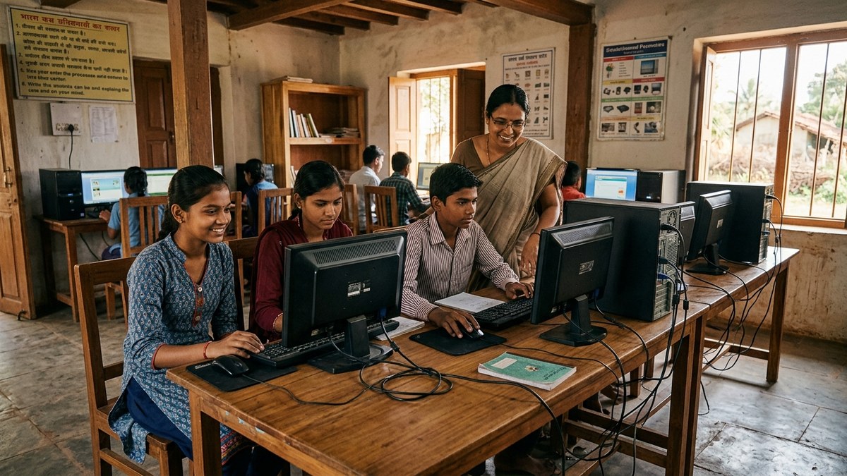 Indian student learning digital skills on computer