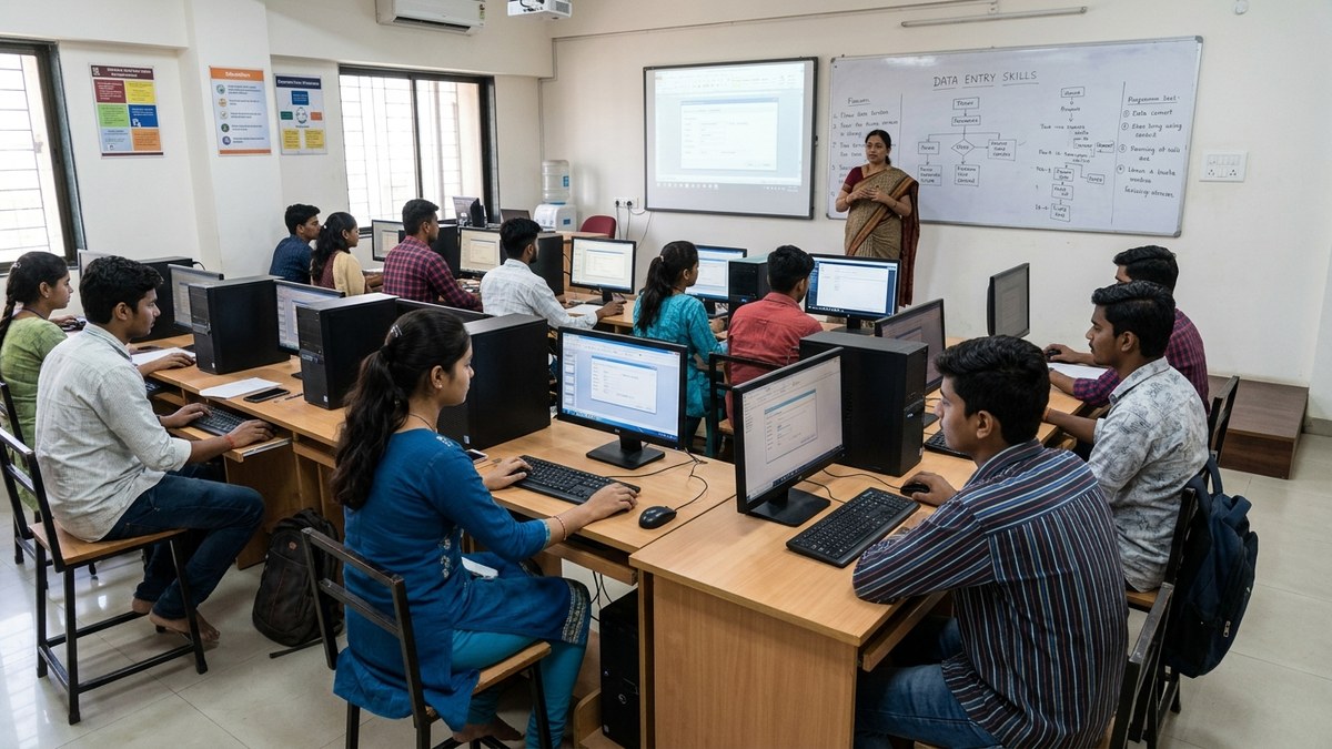 Indian youth in computer training class learning data entry