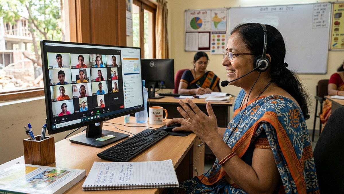 Indian woman teacher managing online classes on desktop computer