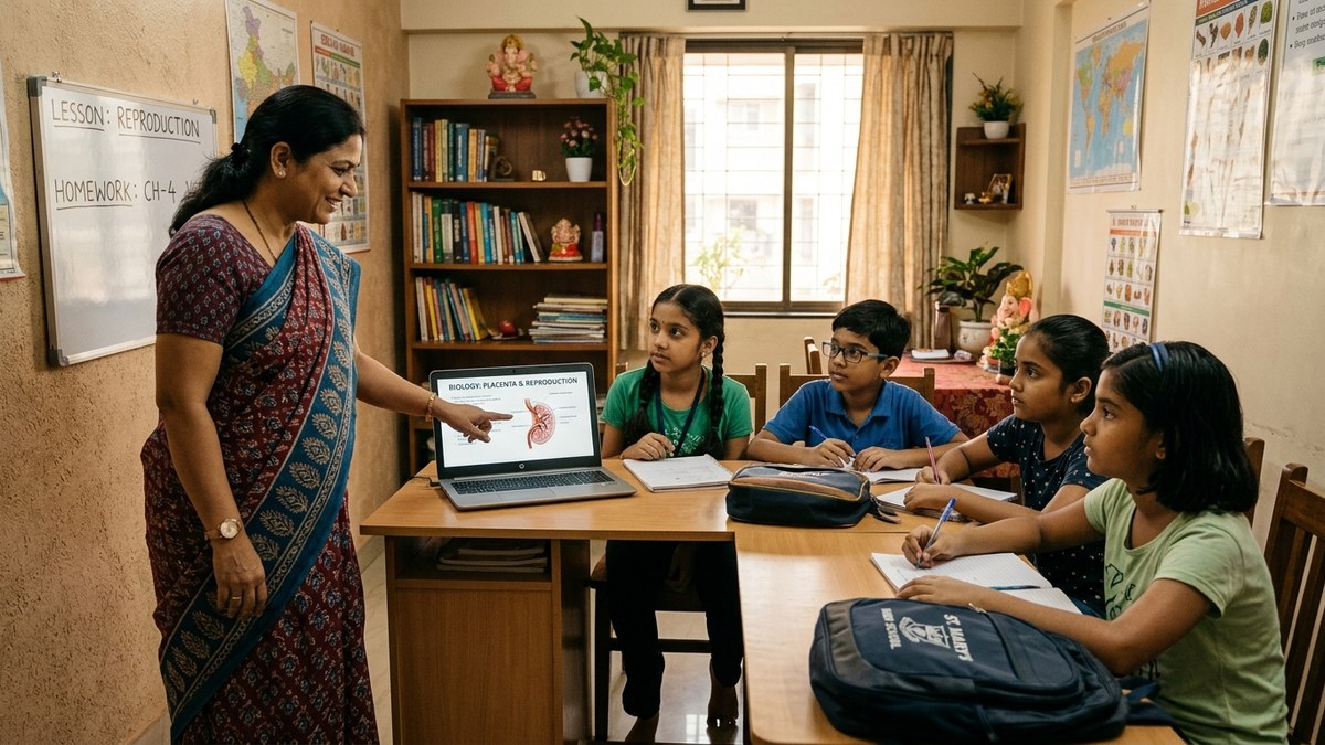 Indian tuition teacher teaching a small group at home
