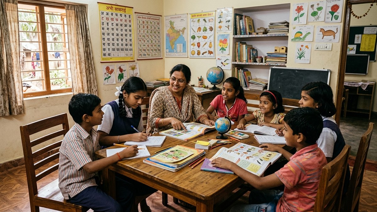 Community learning centre with students and educator