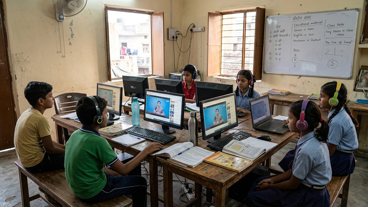 Indian students attending online tuition class on budget computers