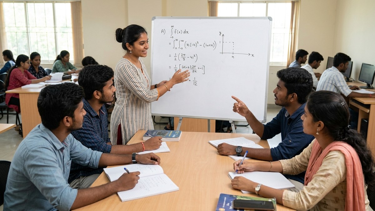 Indian students teaching each other in a peer tutoring session