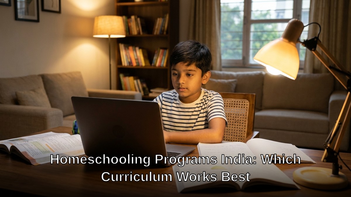Indian child studying at home with books and laptop on desk