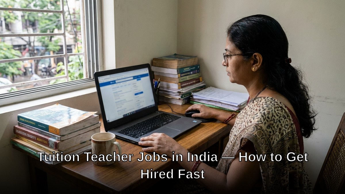 Indian teacher studying job listings on laptop with educational books
