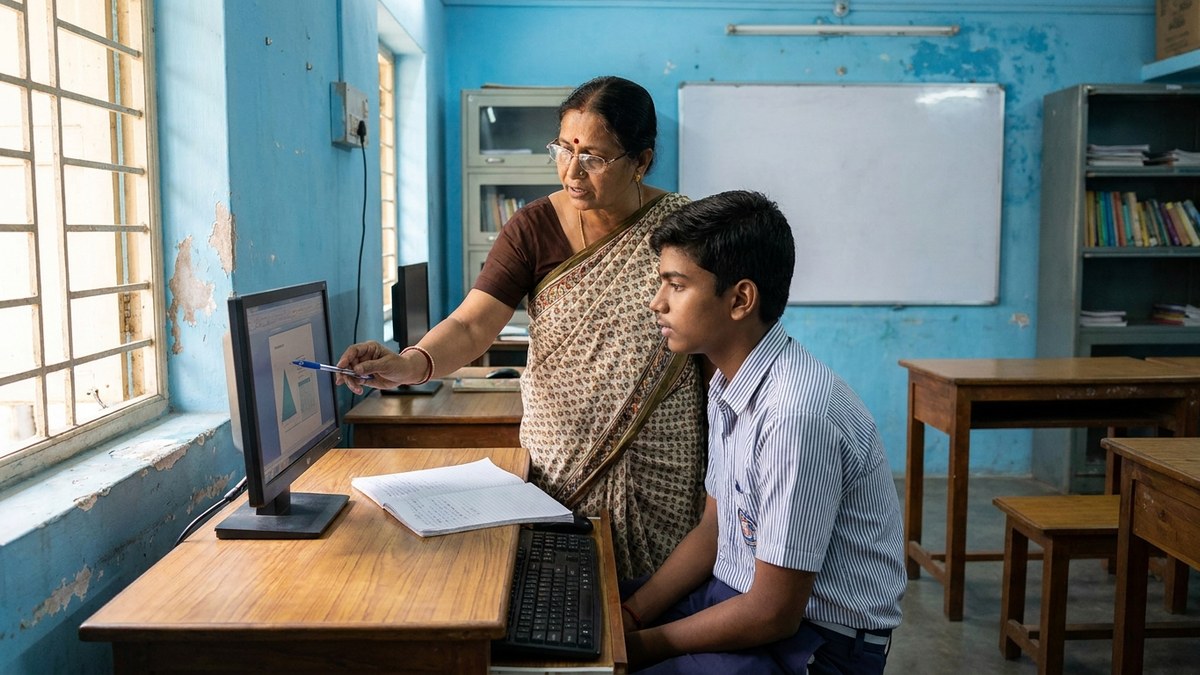 AI chatbot for student doubts - Indian tuition teacher helping student on computer in classroom