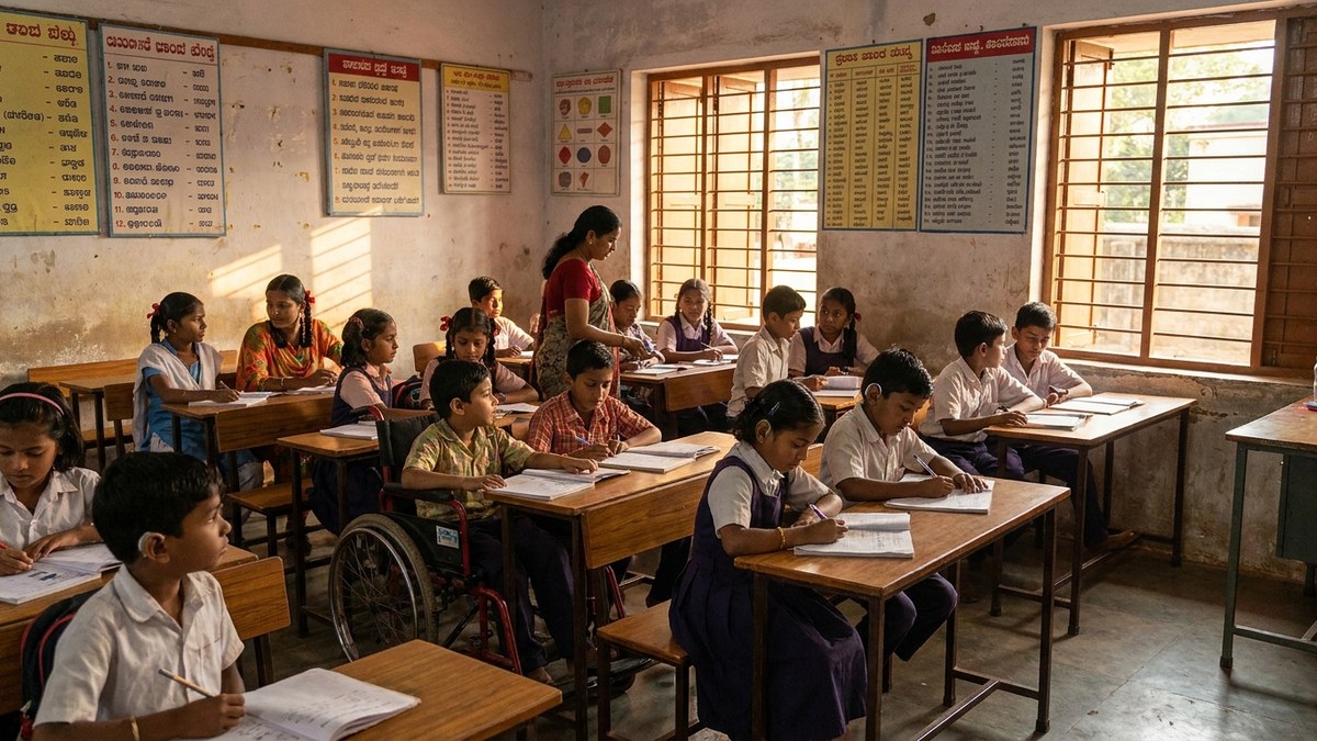 Diverse Indian classroom with students working on different tasks at their desks
