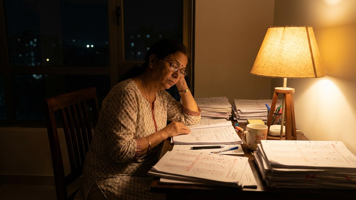 Signs of tuition teacher burnout - exhausted Indian teacher marking papers late at night at home desk