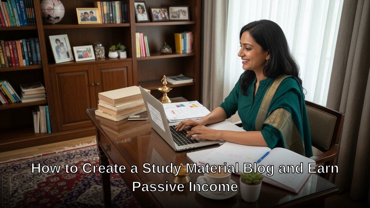 Indian teacher creating educational blog content on laptop