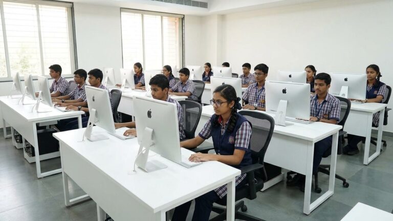 digital literacy in education - Indian students working on desktop computers in a school computer lab