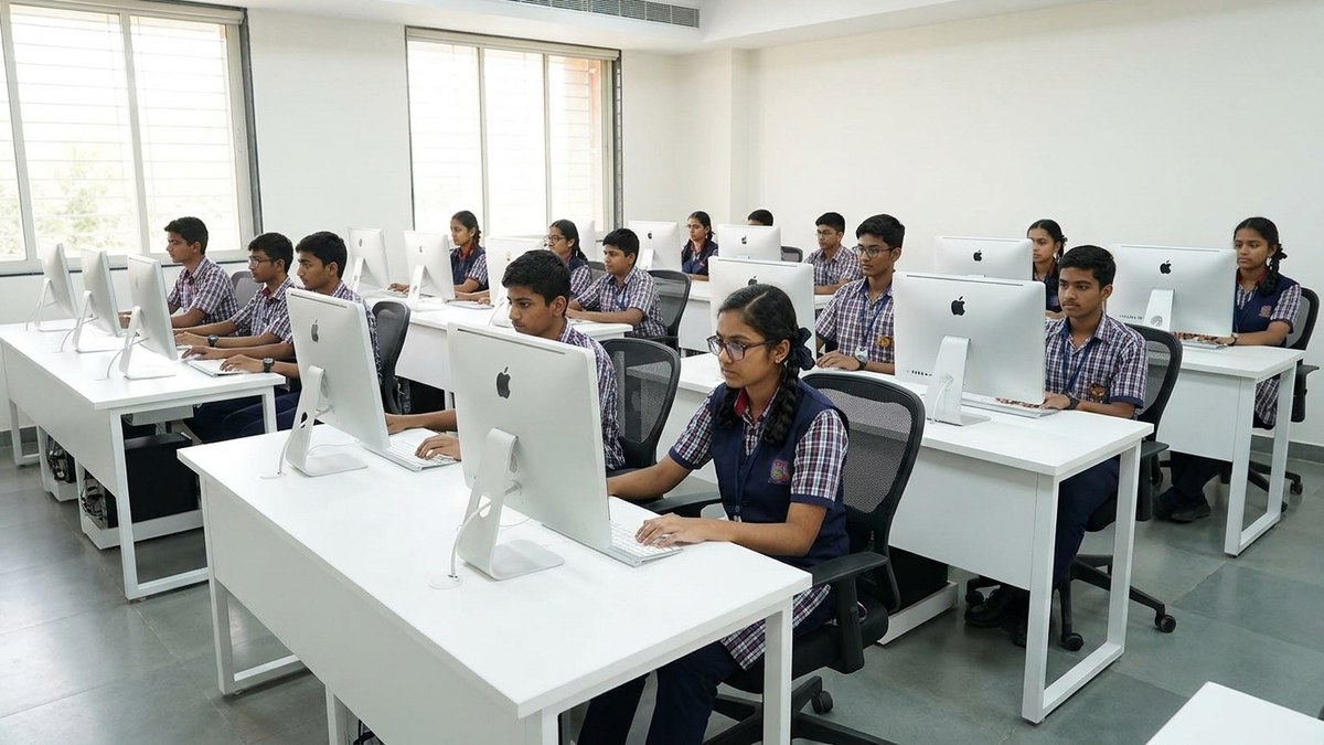 digital literacy in education - Indian students working on desktop computers in a school computer lab