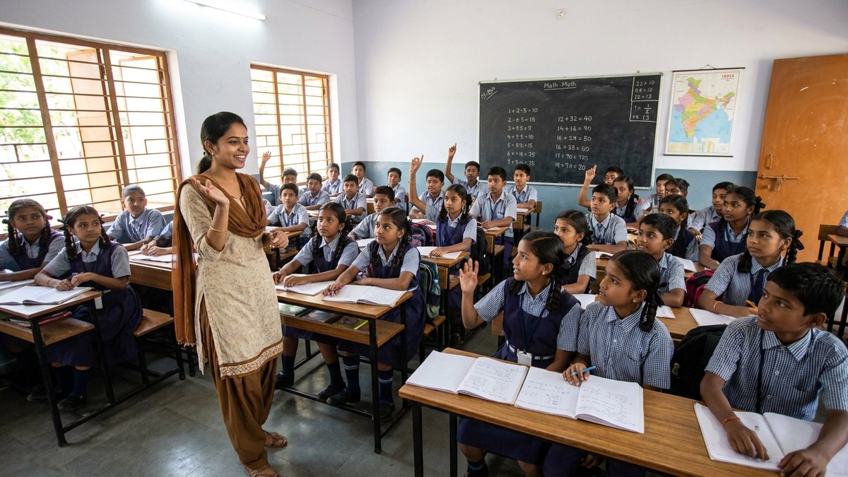 New teacher confidently managing diverse Indian classroom with engaged students