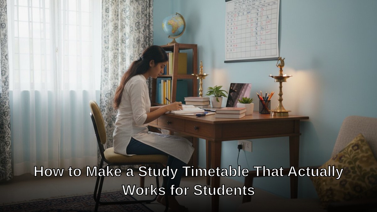 Student studying at desk with timetable chart on wall