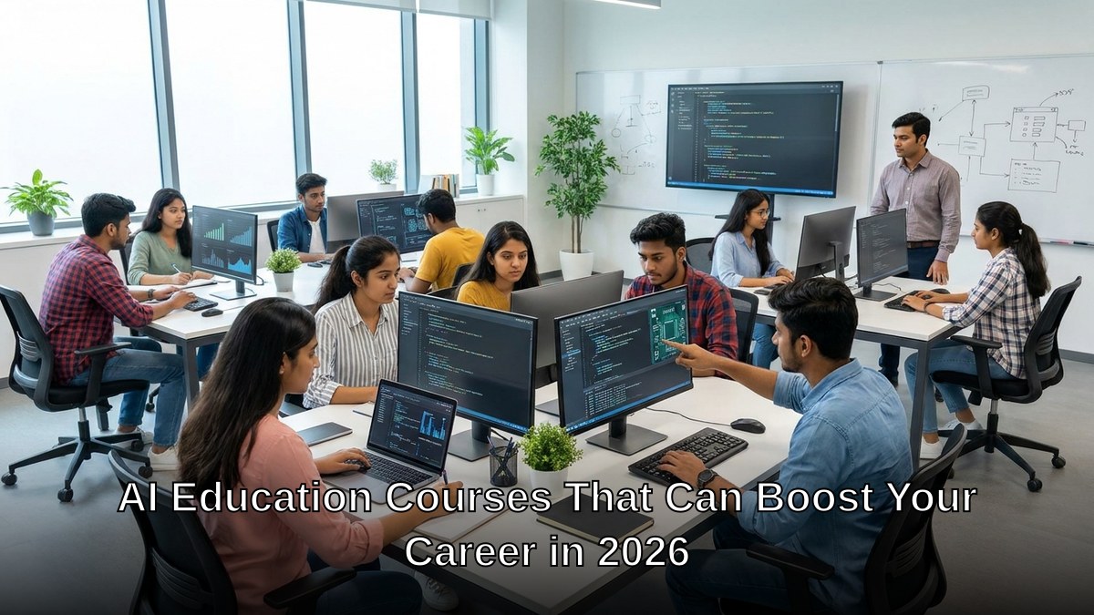 Indian students learning AI concepts on computers in a modern classroom