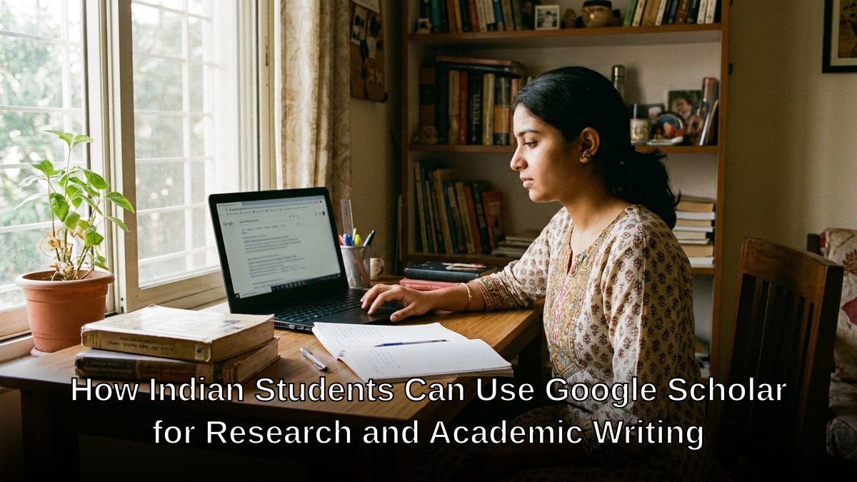 Indian college student at desk with laptop showing Google Scholar search results, notebook and textbooks, home study setting